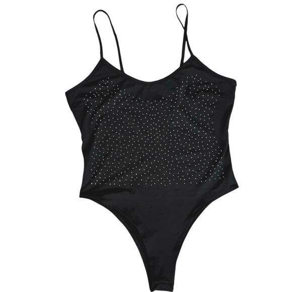 New Black Crystal Sparkle Bodysuit Tank Large Party Club NYE Glam Holiday Bling - Picture 1 of 15